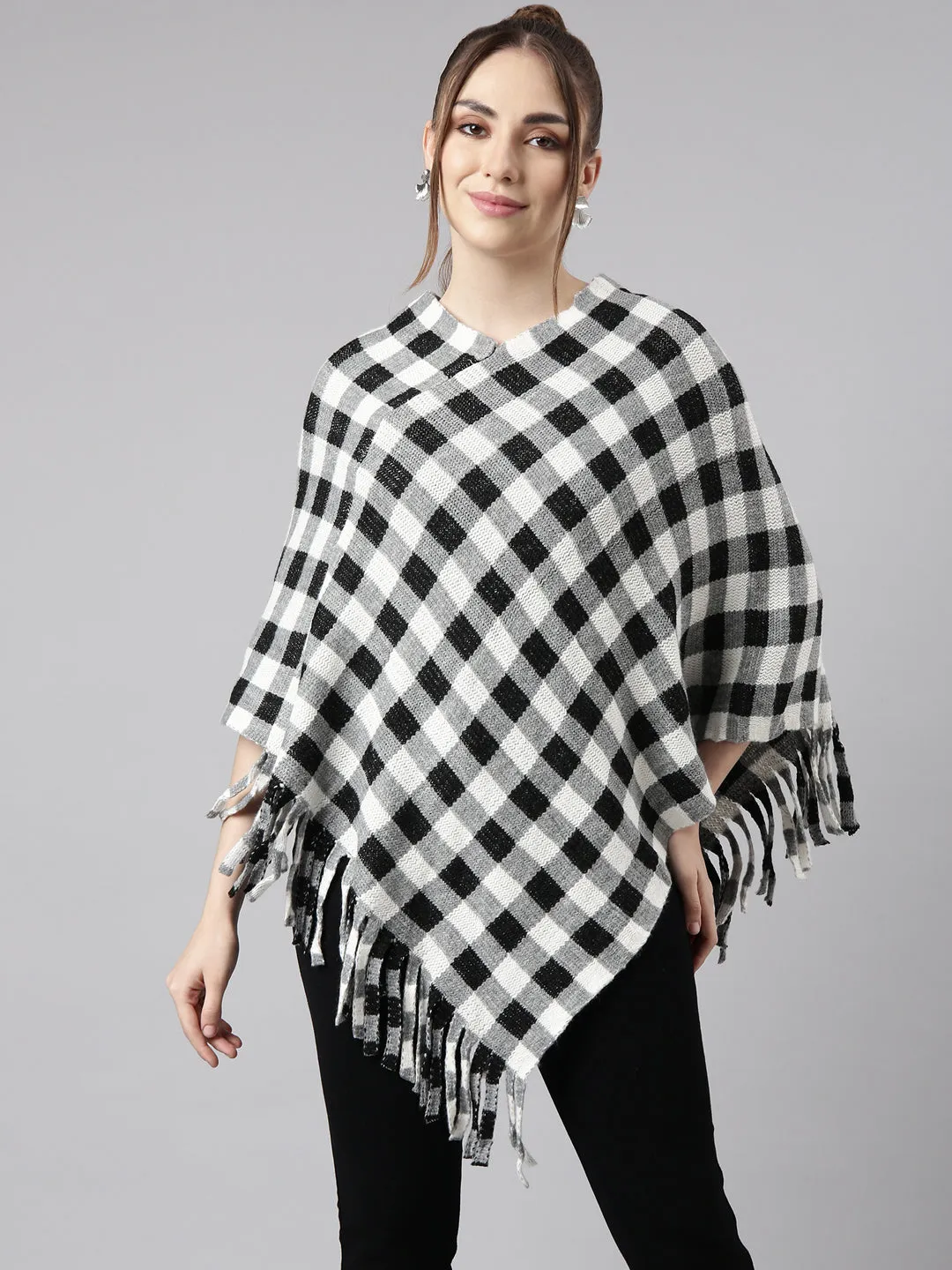 Women Grey Checked Longline Poncho