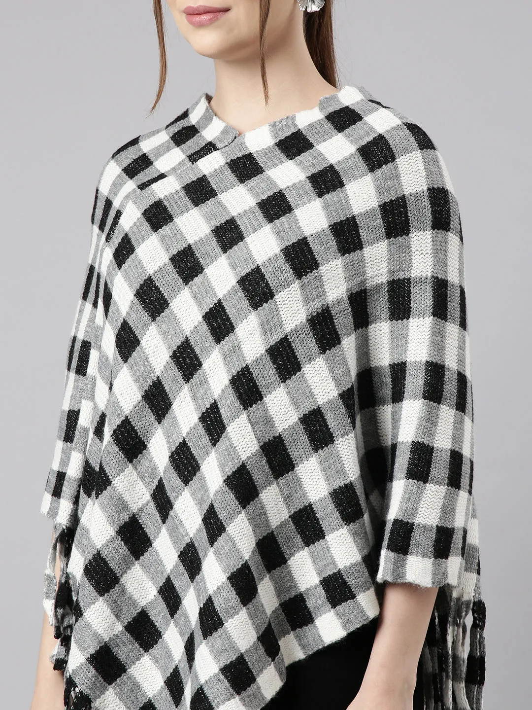 Women Grey Checked Longline Poncho