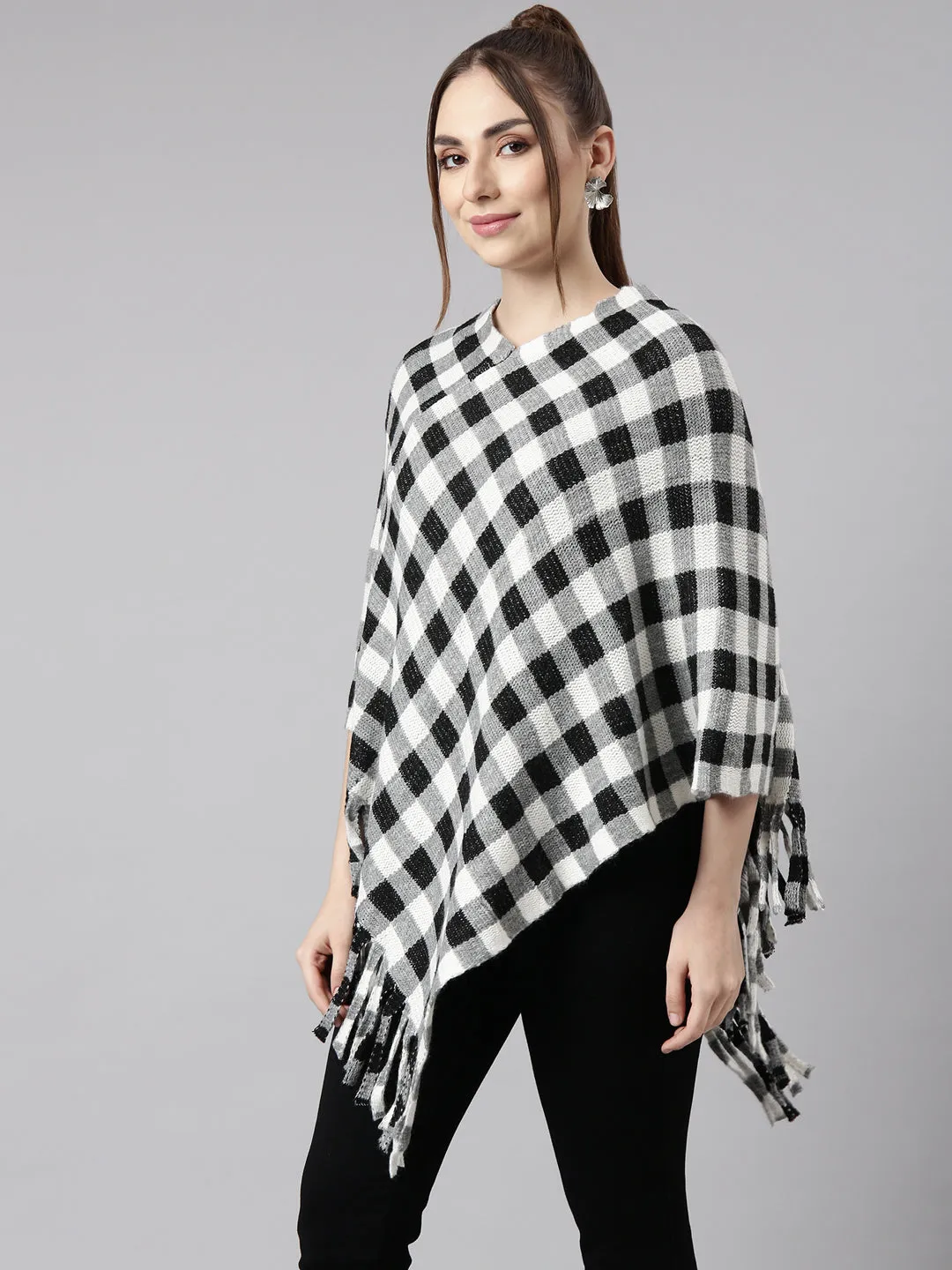 Women Grey Checked Longline Poncho