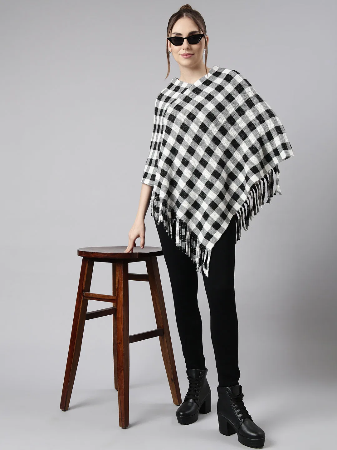 Women Grey Checked Longline Poncho