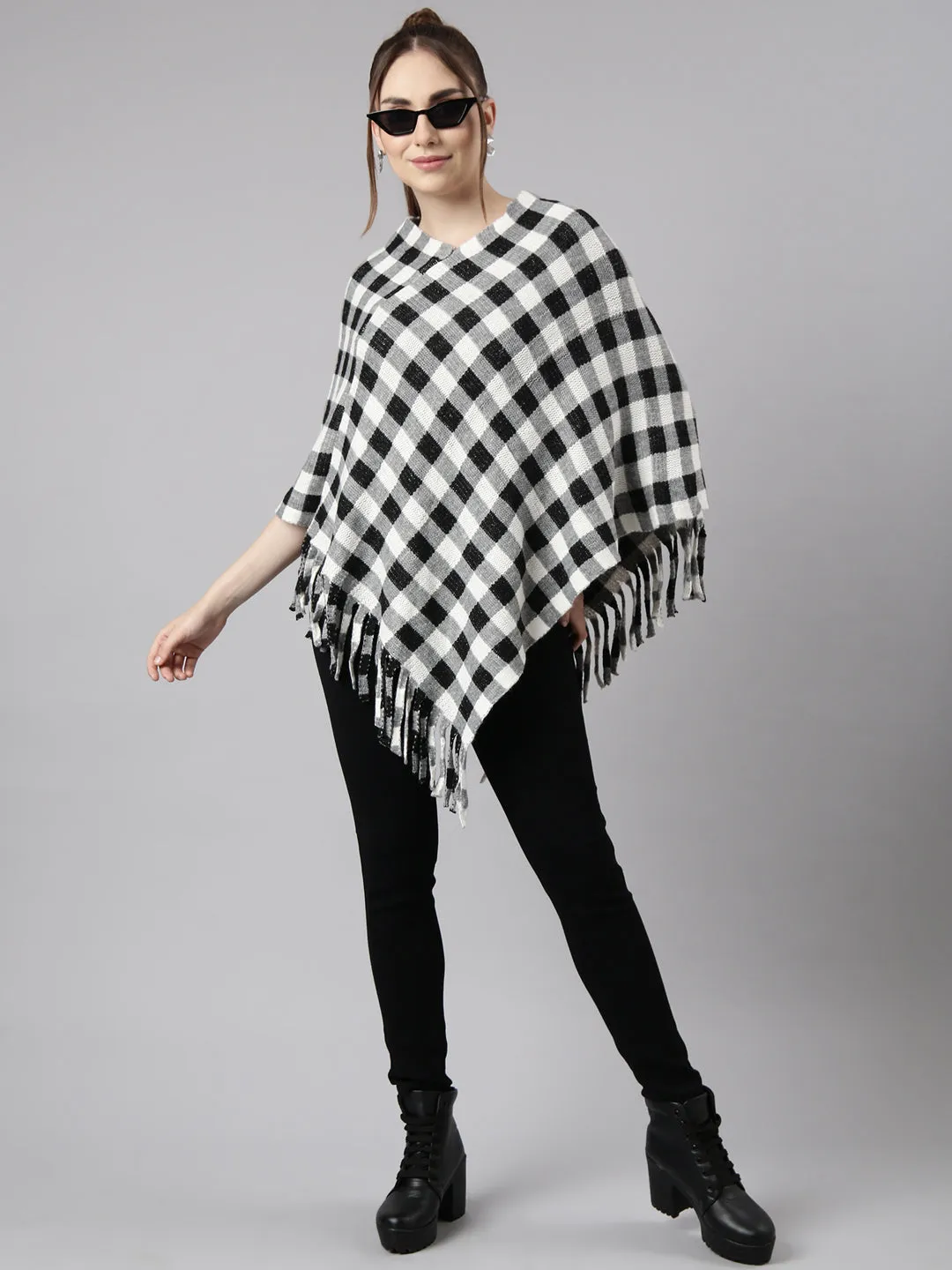 Women Grey Checked Longline Poncho
