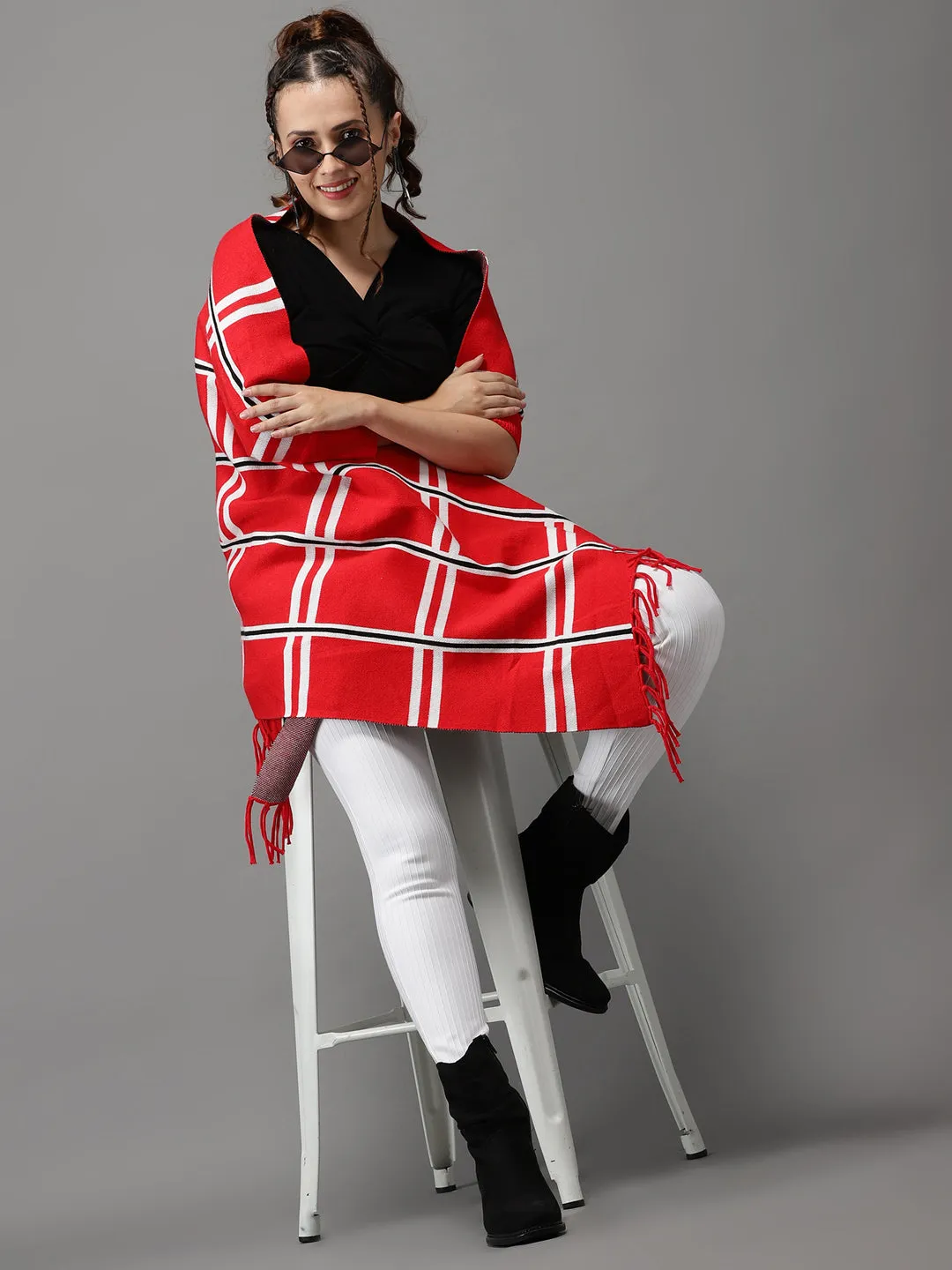 Women Red Checked Acrylic Longline Poncho