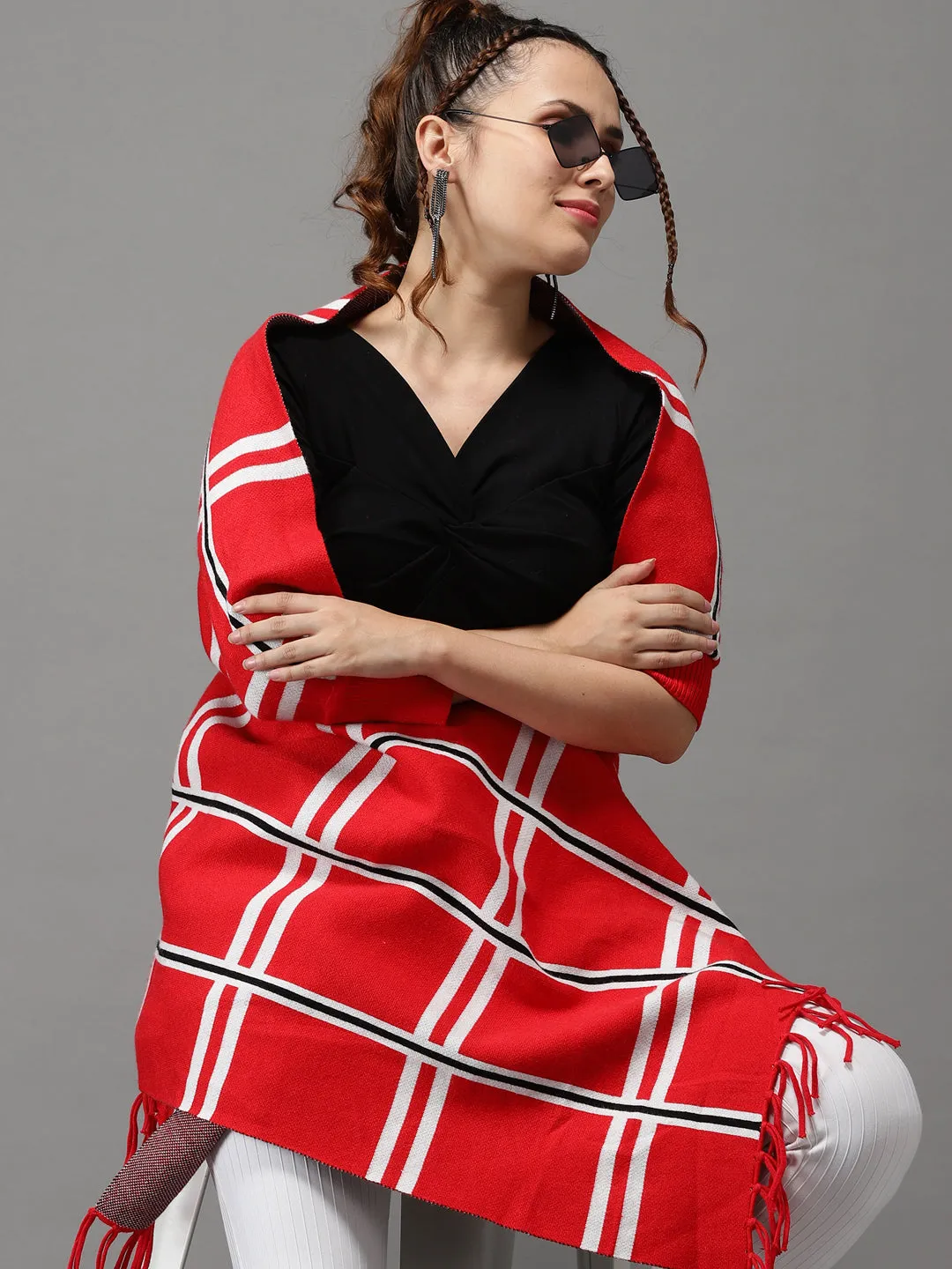 Women Red Checked Acrylic Longline Poncho