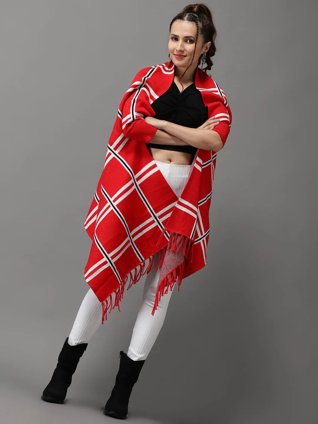 Women Red Checked Acrylic Longline Poncho