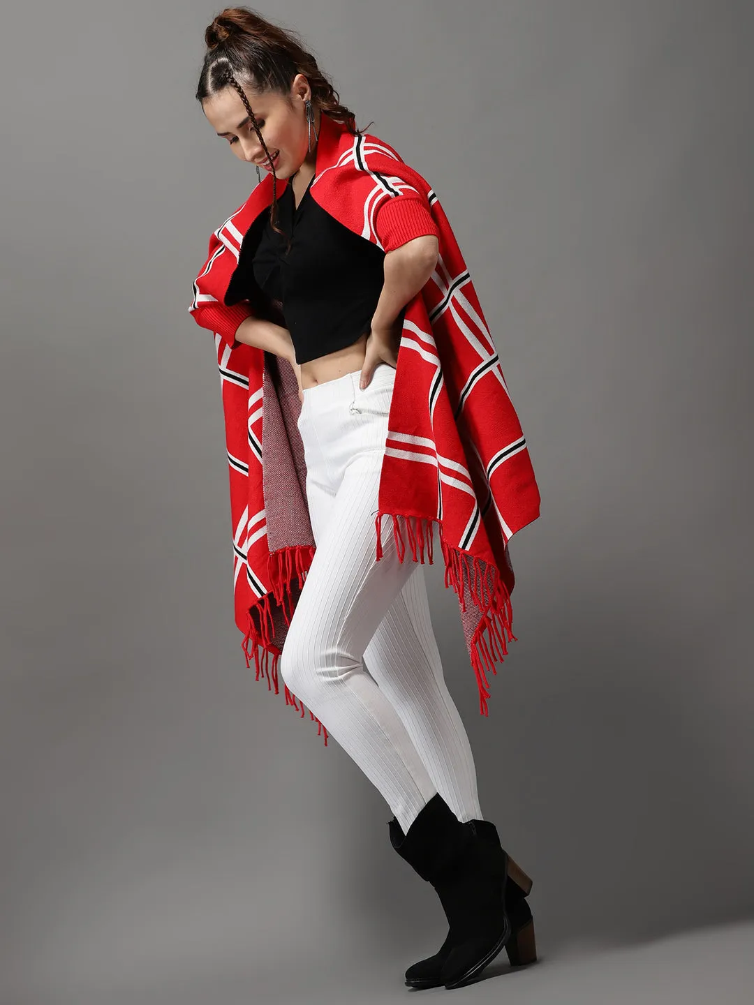 Women Red Checked Acrylic Longline Poncho