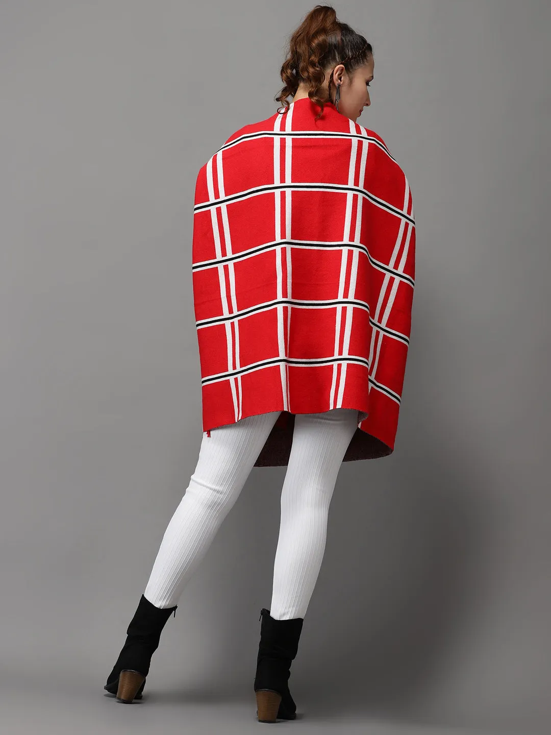 Women Red Checked Acrylic Longline Poncho