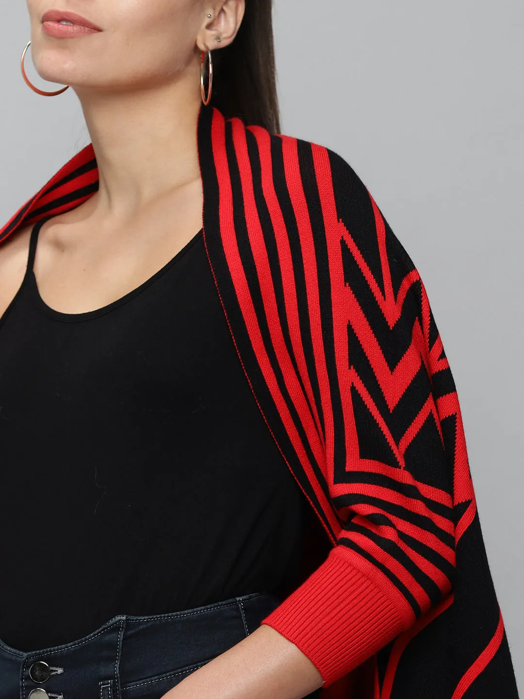 Women Red Striped Longline Poncho
