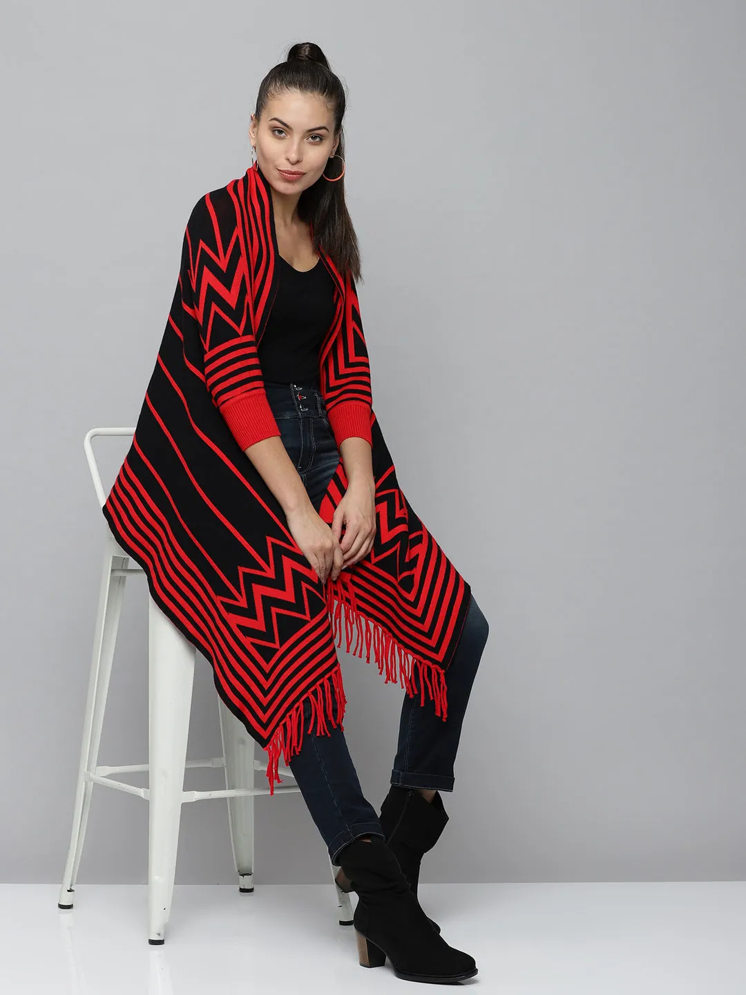Women Red Striped Longline Poncho