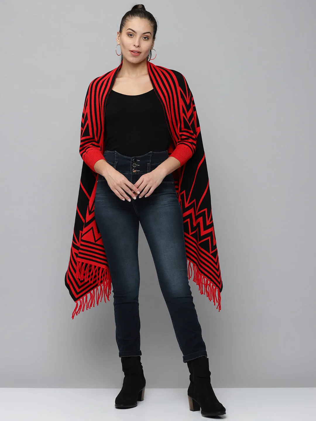 Women Red Striped Longline Poncho