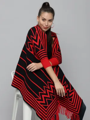 Women Red Striped Longline Poncho