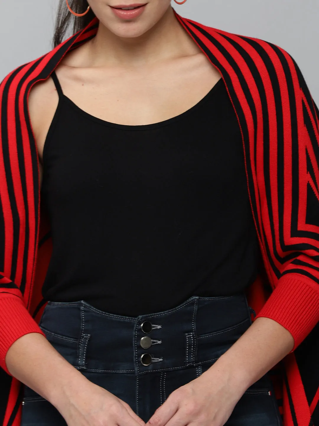 Women Red Striped Longline Poncho