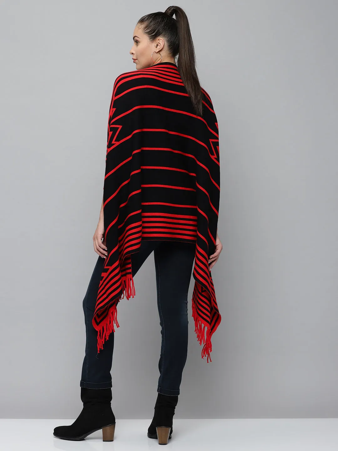 Women Red Striped Longline Poncho