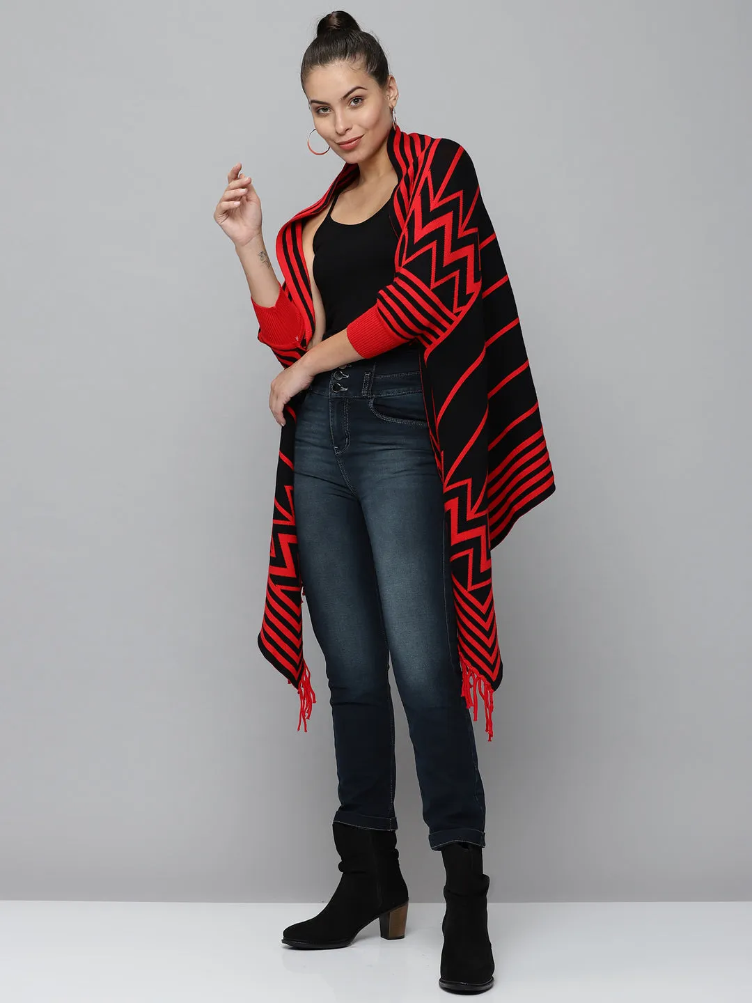 Women Red Striped Longline Poncho