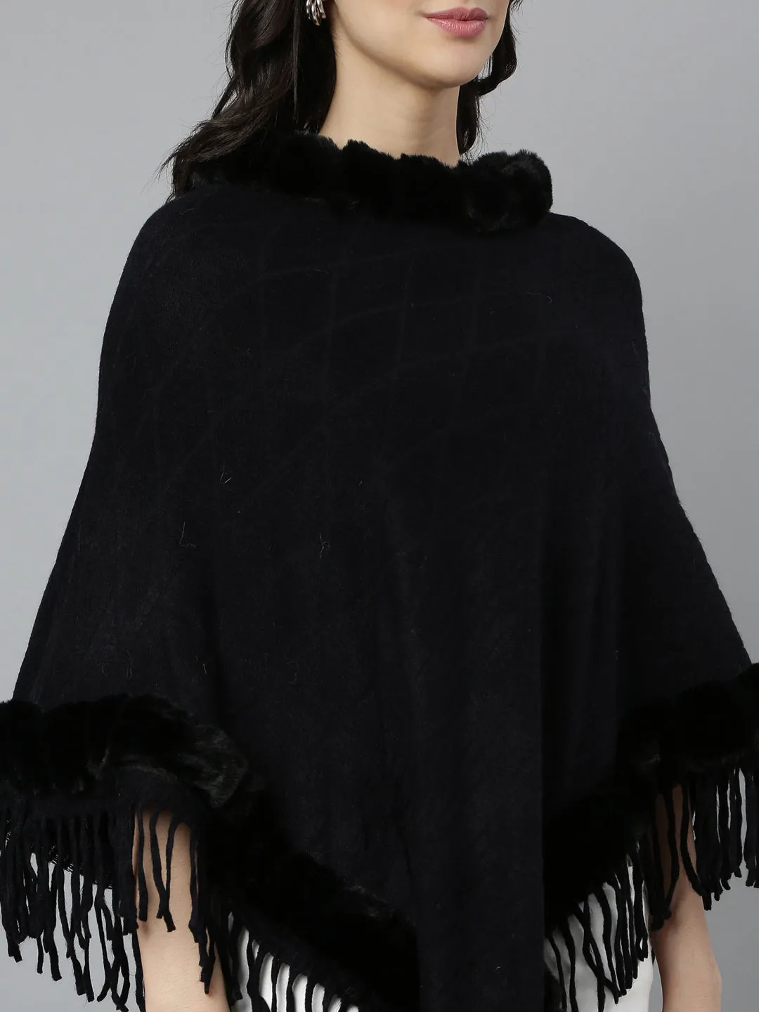 Women Solid Black Longline Poncho