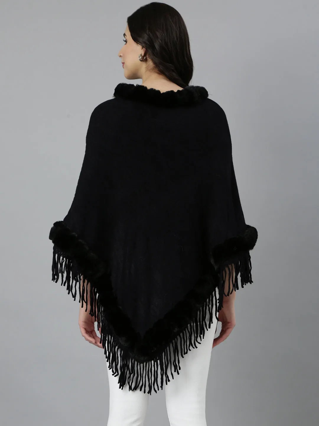 Women Solid Black Longline Poncho