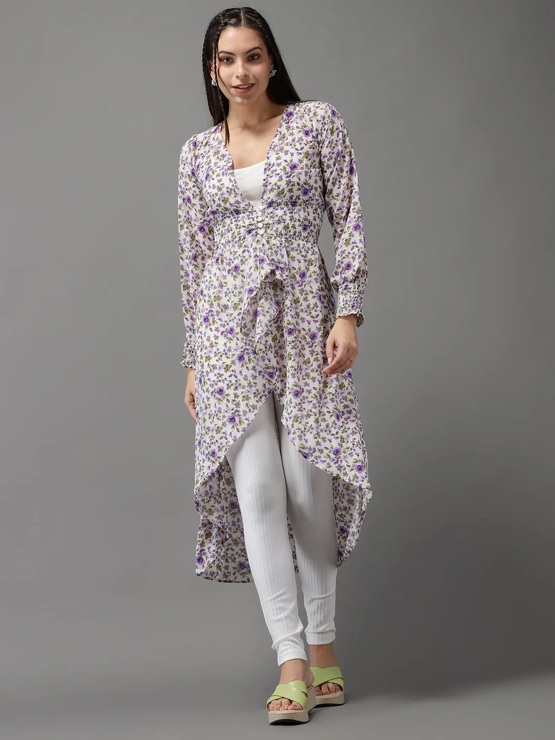 Women White Floral Print Georgette High-Low Longline Top