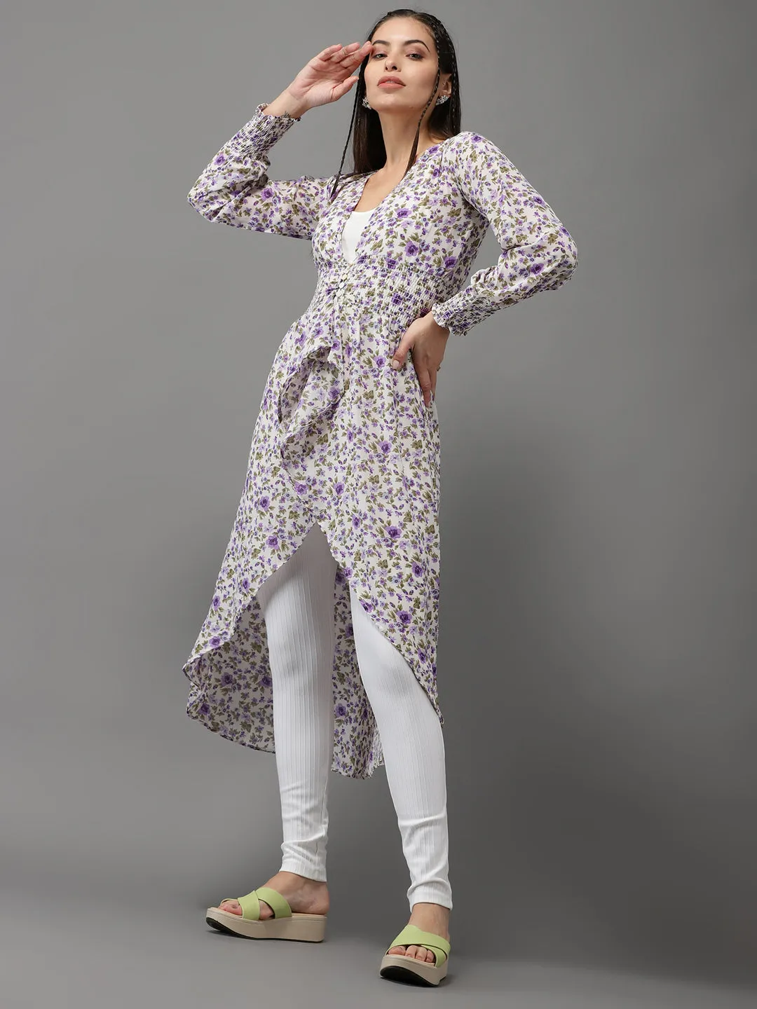 Women White Floral Print Georgette High-Low Longline Top