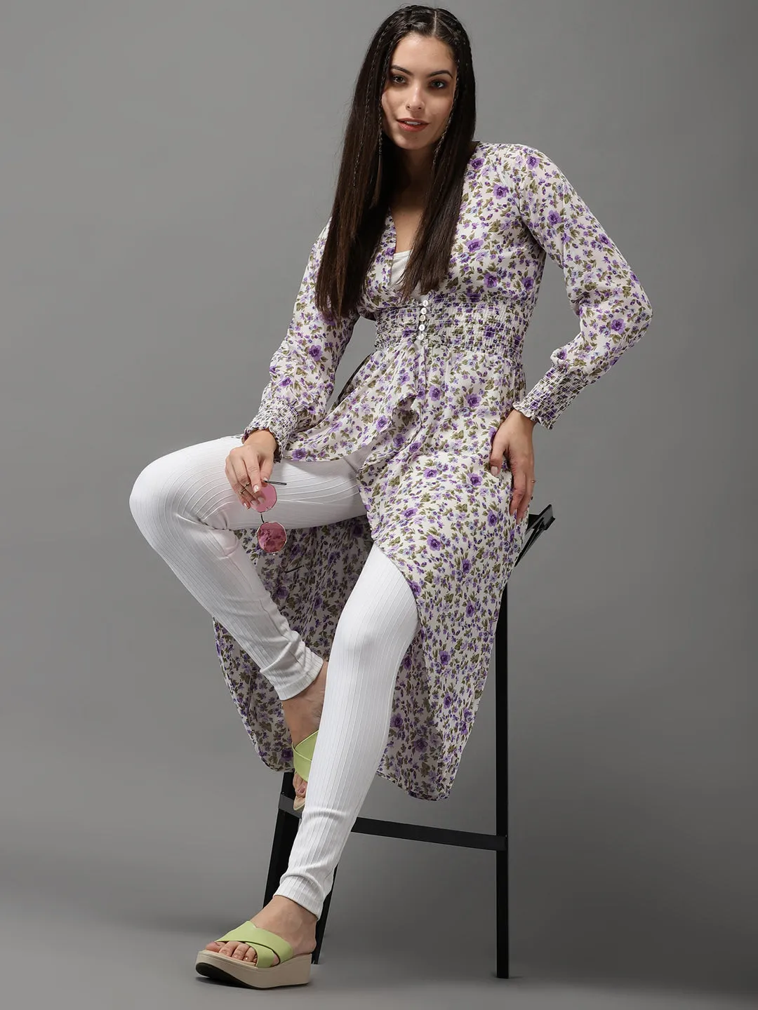 Women White Floral Print Georgette High-Low Longline Top