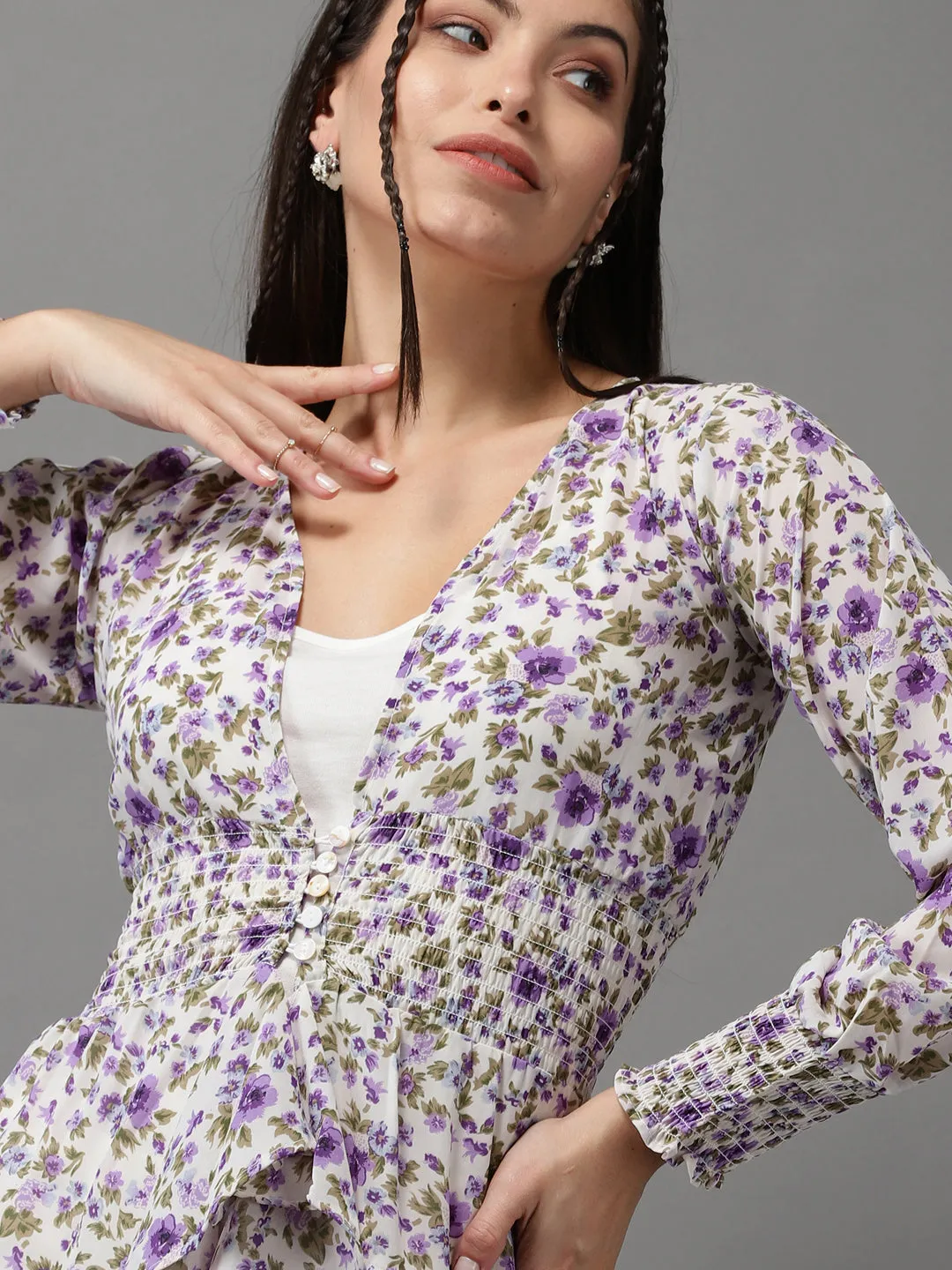 Women White Floral Print Georgette High-Low Longline Top