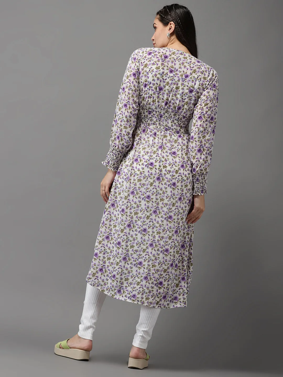 Women White Floral Print Georgette High-Low Longline Top