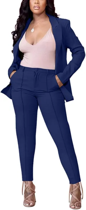 Women's 2 Piece Outfit Deep V Long Sleeve Solid Color Blazer with Pants Elegant Business Suit Sets