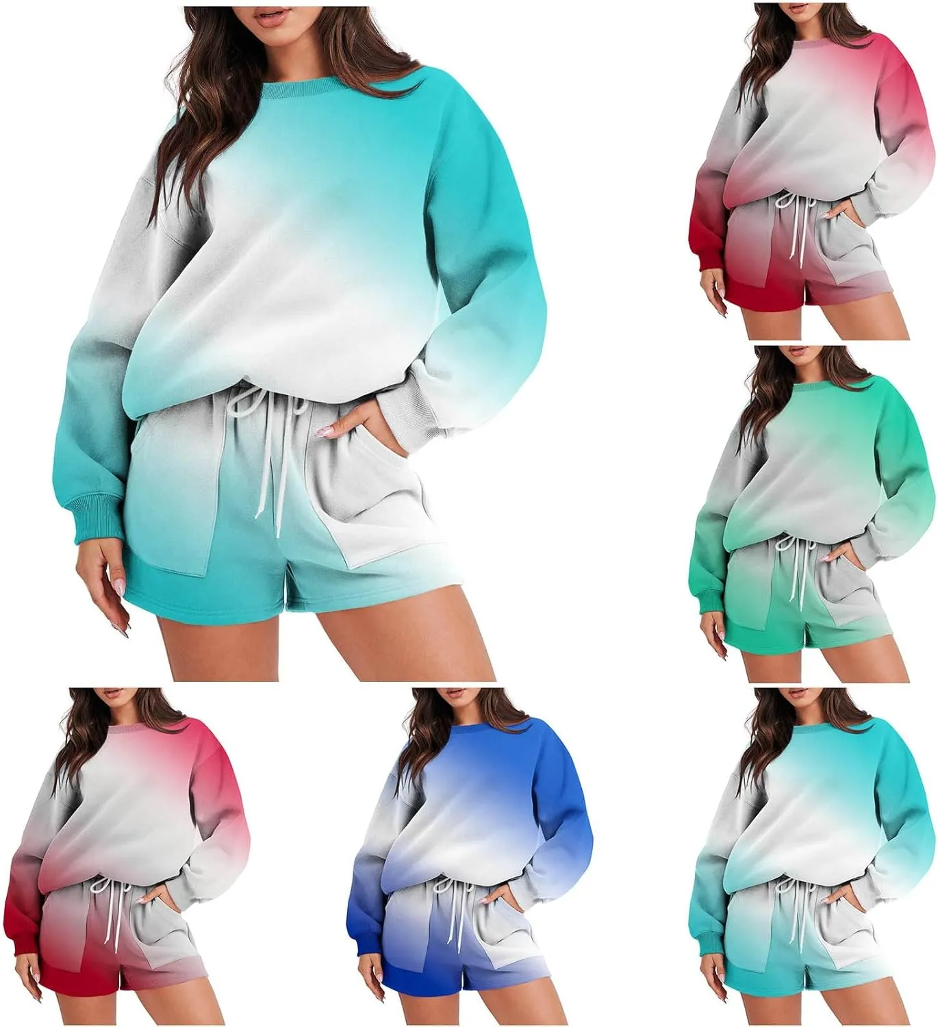 Womens 2 Piece Sweatsuit Sets Gradient Long Sleeve Sweatshirt Matching Lounge Sets Short Pants Set Loungewear