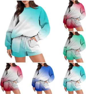 Womens 2 Piece Sweatsuit Sets Gradient Long Sleeve Sweatshirt Matching Lounge Sets Short Pants Set Loungewear