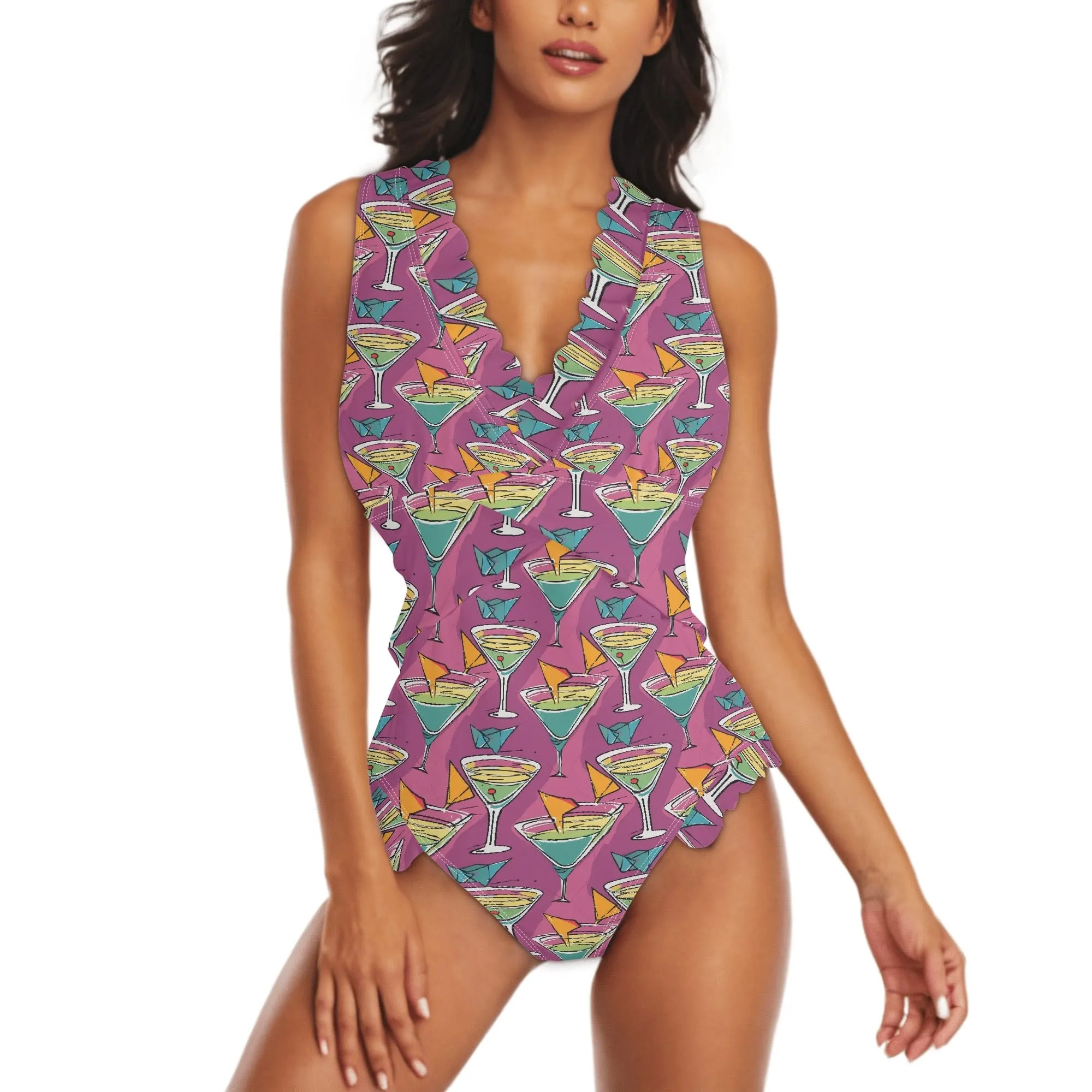 Womens Artini Martini Ruffle Edge Cross-Front One Piece Swimsuit Bathing Suit
