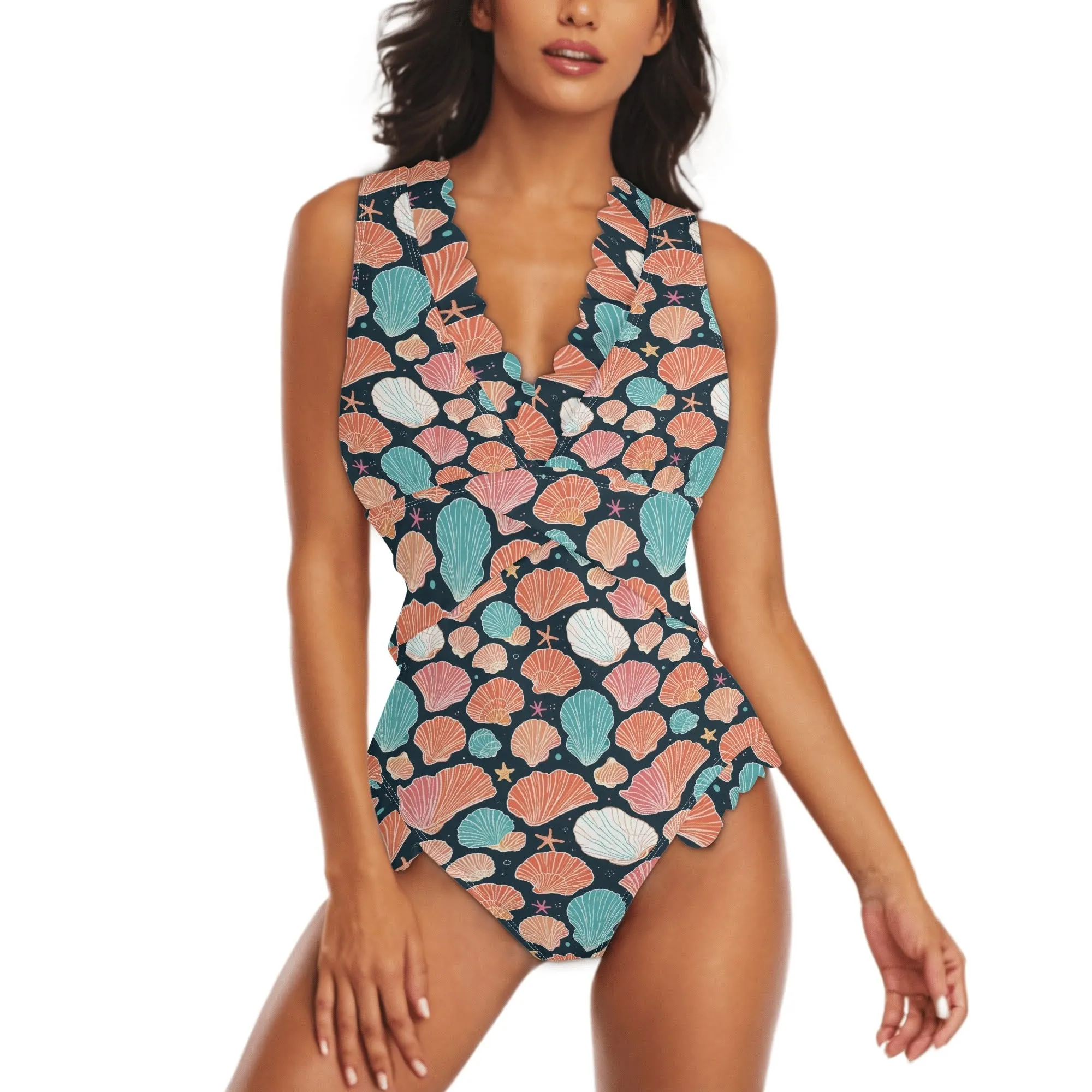 Womens Big Shells and Stars Ruffle Edge Cross-Front One Piece Swimsuit Bathing Suit
