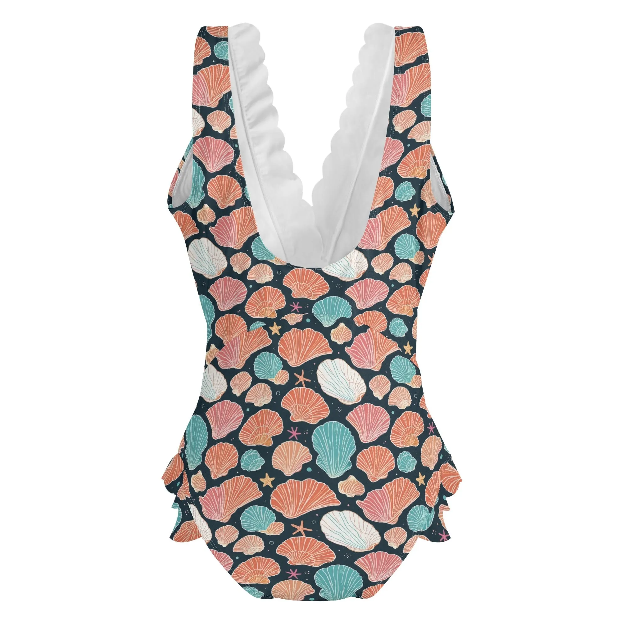 Womens Big Shells and Stars Ruffle Edge Cross-Front One Piece Swimsuit Bathing Suit