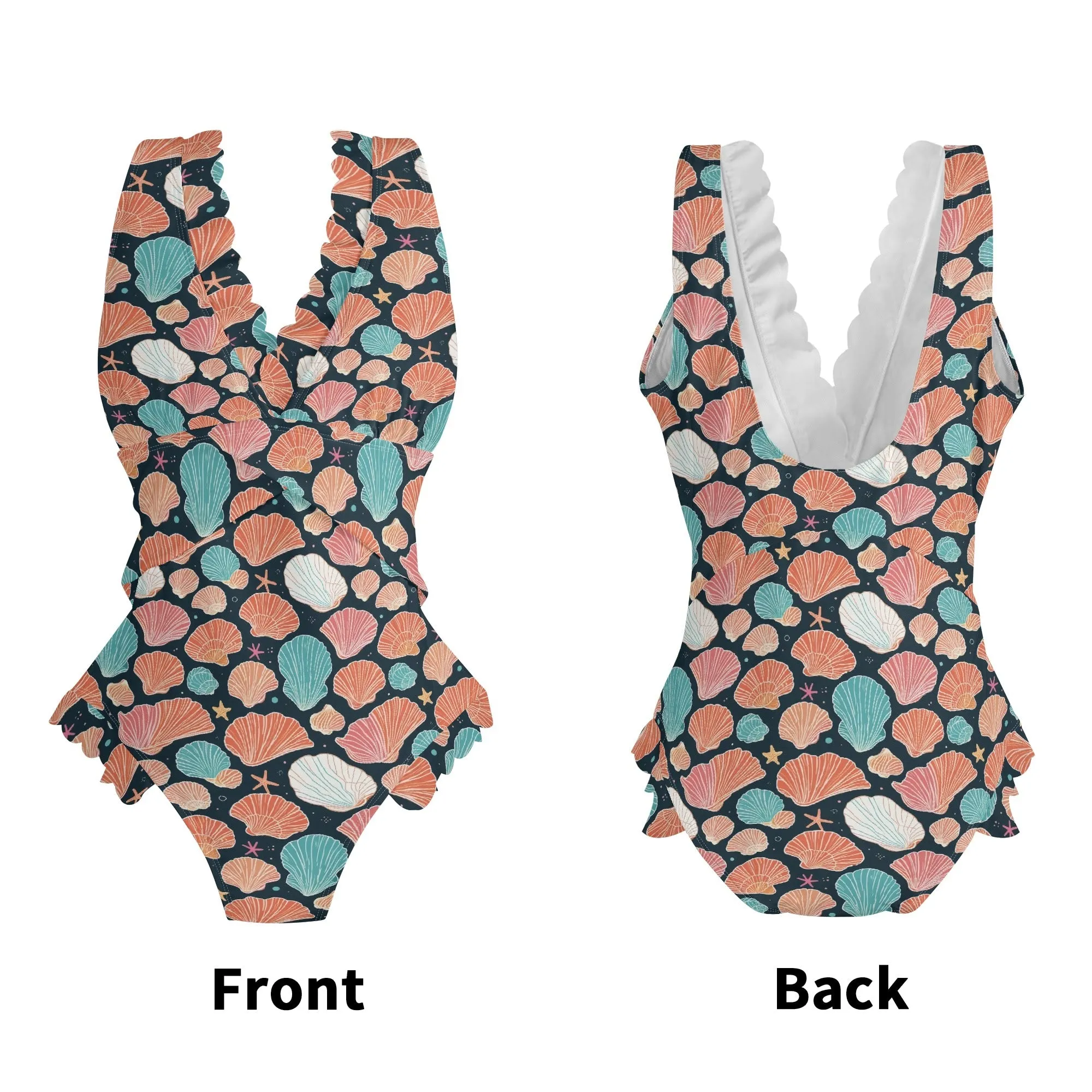 Womens Big Shells and Stars Ruffle Edge Cross-Front One Piece Swimsuit Bathing Suit