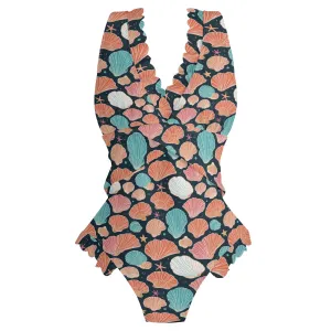Womens Big Shells and Stars Ruffle Edge Cross-Front One Piece Swimsuit Bathing Suit