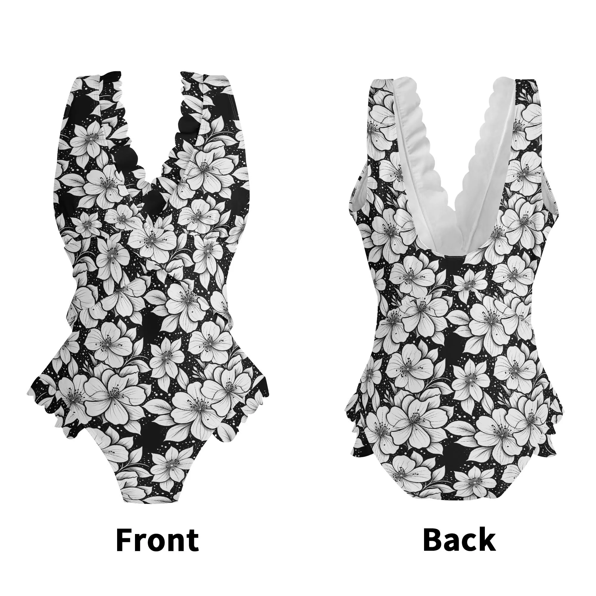 Womens Black and White Floral Ruffle Edge Cross-Front One Piece Swimsuit Bathing Suit