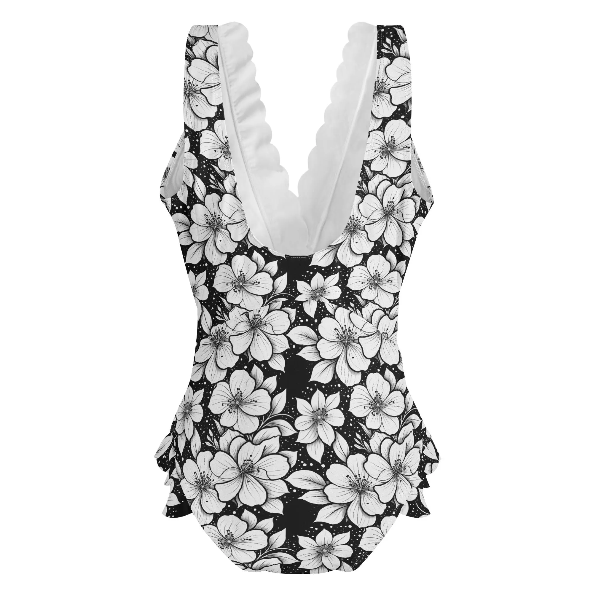Womens Black and White Floral Ruffle Edge Cross-Front One Piece Swimsuit Bathing Suit
