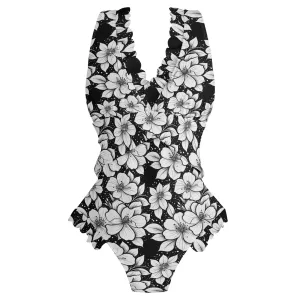 Womens Black and White Floral Ruffle Edge Cross-Front One Piece Swimsuit Bathing Suit