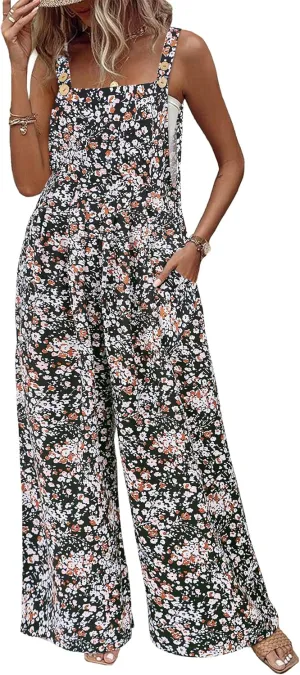 Womens Jumpsuits Overalls Wide Leg Casual Summer Outfits Sleeveless Straps Floral Jumpsuits 2025 Loose Fit Black M
