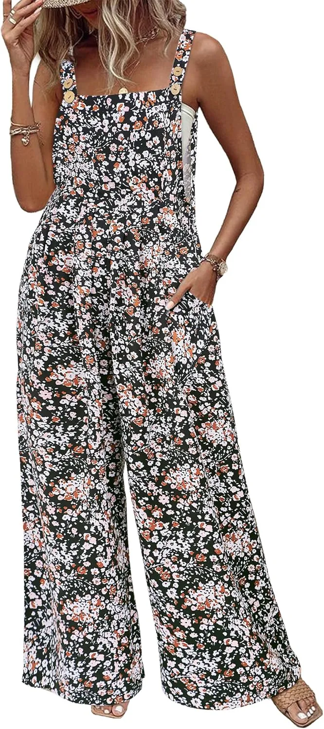 Womens Jumpsuits Overalls Wide Leg Casual Summer Outfits Sleeveless Straps Floral Jumpsuits 2025 Loose Fit Black M