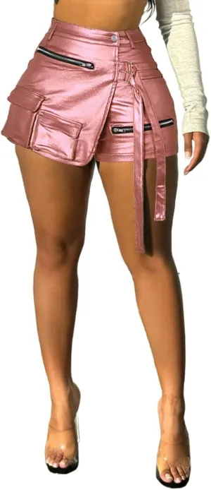 Women's Metallic Sexy Cargo Shorts Elastic High Waist Stretch Hotpants Rave Pants Party Clubwear