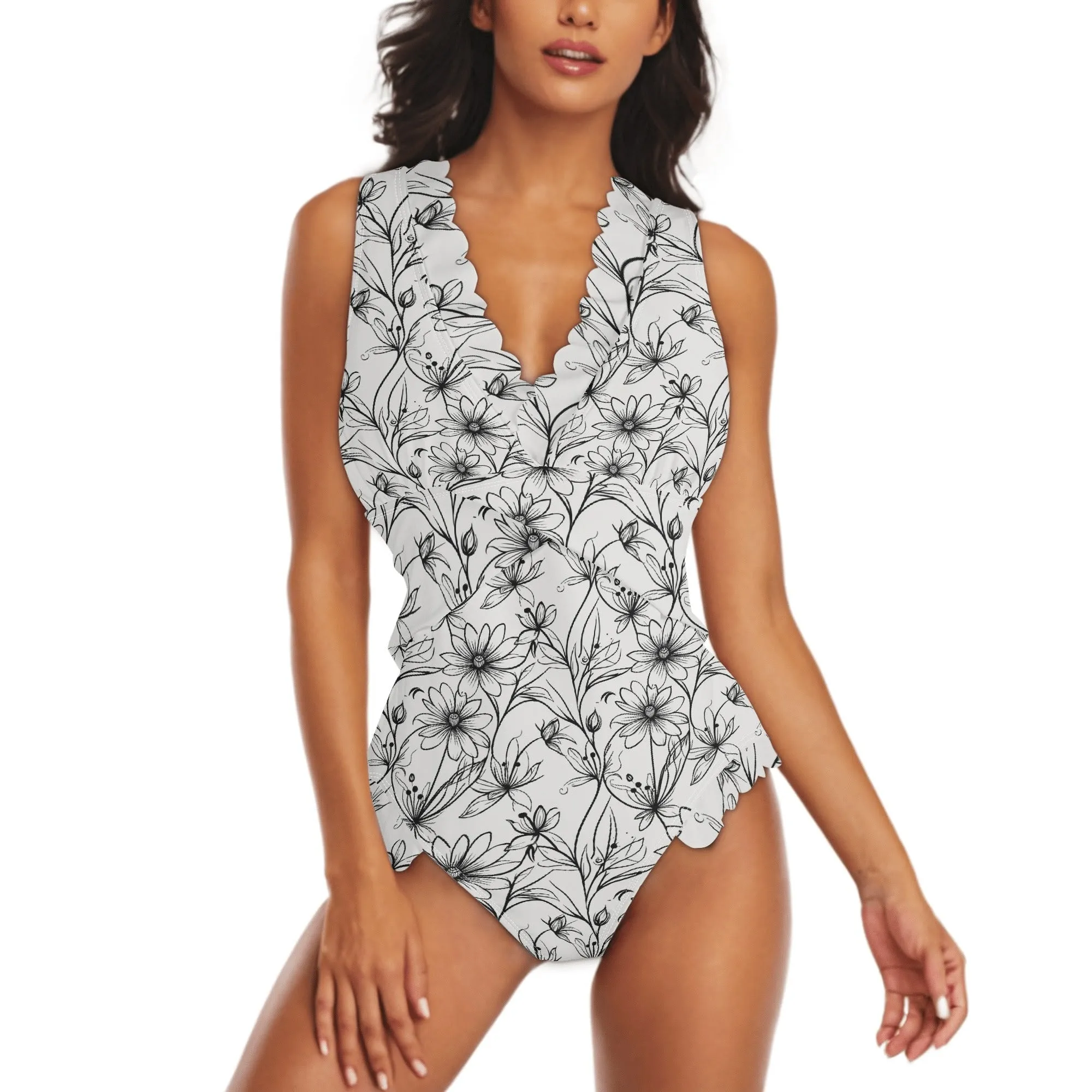 Womens Neutral Spring  Ruffle Edge Cross-Front One Piece Swimsuit Bathing Suit