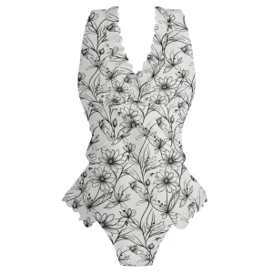Womens Neutral Spring  Ruffle Edge Cross-Front One Piece Swimsuit Bathing Suit