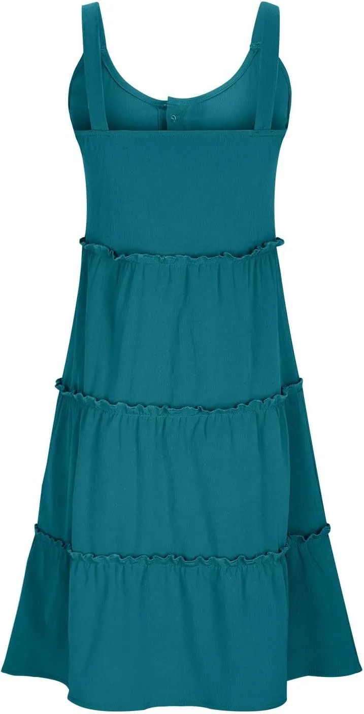 Women's Summer Casual Sleeveless Crew Neck Swing Dress Flowy Tiered Button Down Beach Sundress Ruffle Tiered Mini Dress