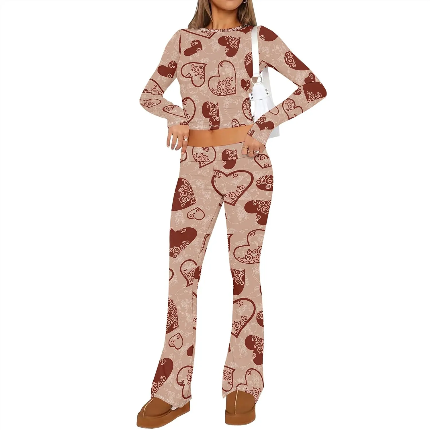 Women's Sweatsuits 2 Piece Outfits Long Sleeve Crop Foldover Flare Pants Tracksuit Streetwear Lounge Matching Set 2025 Trendy