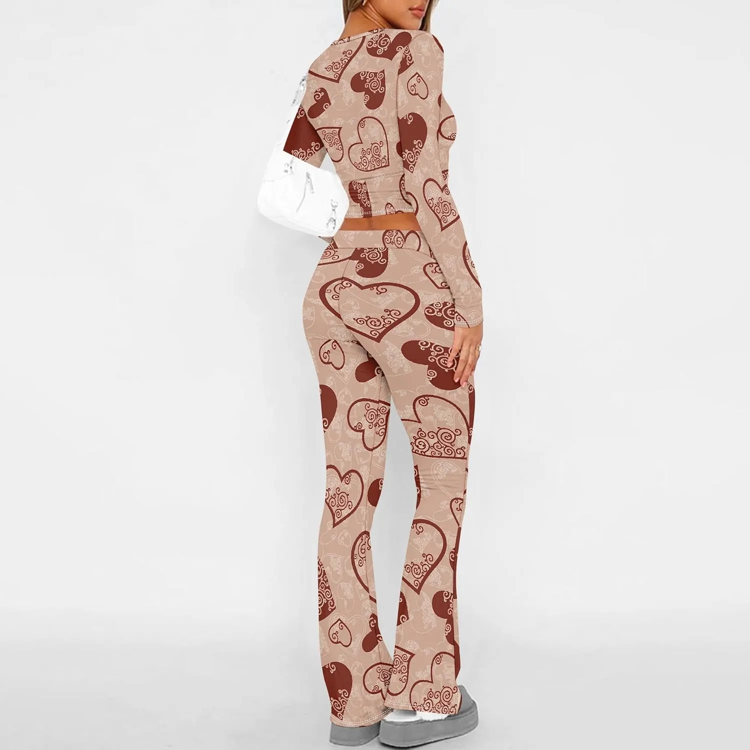 Women's Sweatsuits 2 Piece Outfits Long Sleeve Crop Foldover Flare Pants Tracksuit Streetwear Lounge Matching Set 2025 Trendy
