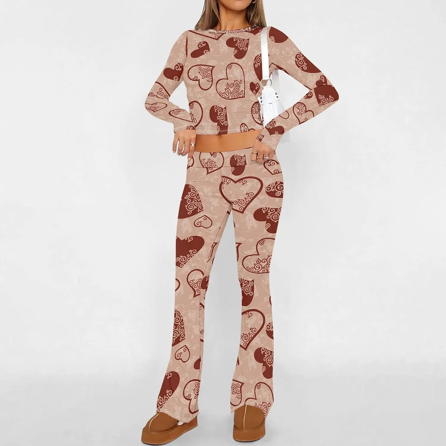 Women's Sweatsuits 2 Piece Outfits Long Sleeve Crop Foldover Flare Pants Tracksuit Streetwear Lounge Matching Set 2025 Trendy
