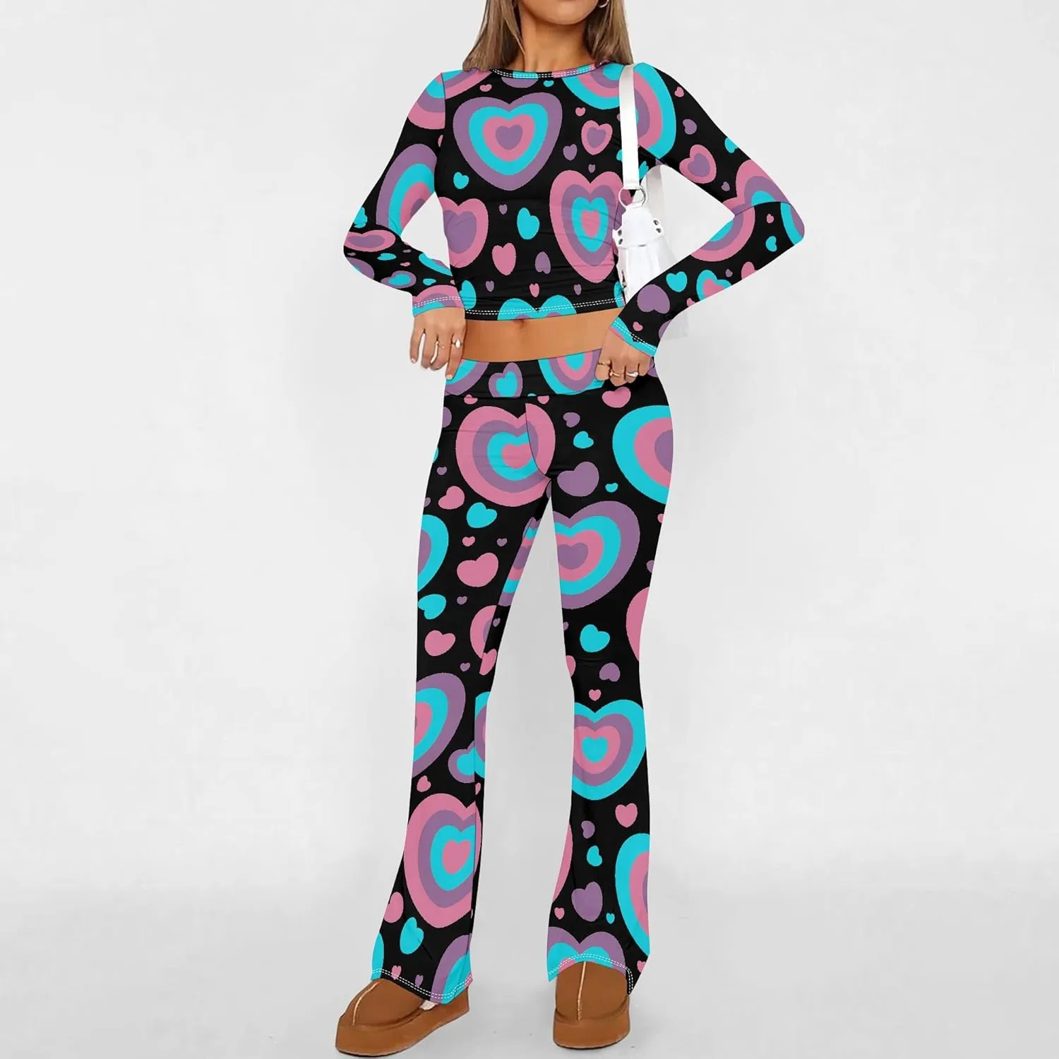 Women's Sweatsuits 2 Piece Outfits Long Sleeve Crop Foldover Flare Pants Tracksuit Streetwear Lounge Matching Set 2025 Trendy
