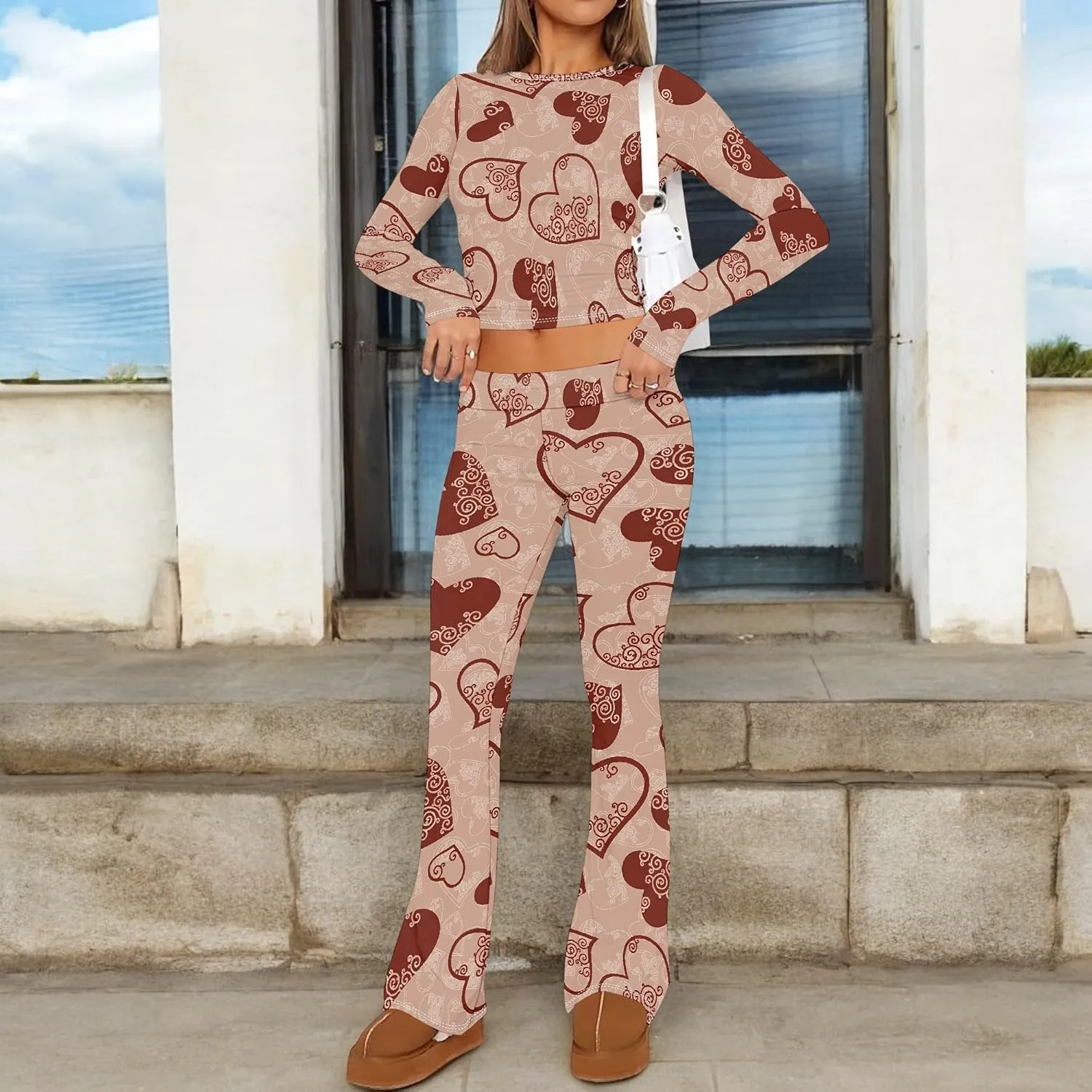 Women's Sweatsuits 2 Piece Outfits Long Sleeve Crop Foldover Flare Pants Tracksuit Streetwear Lounge Matching Set 2025 Trendy