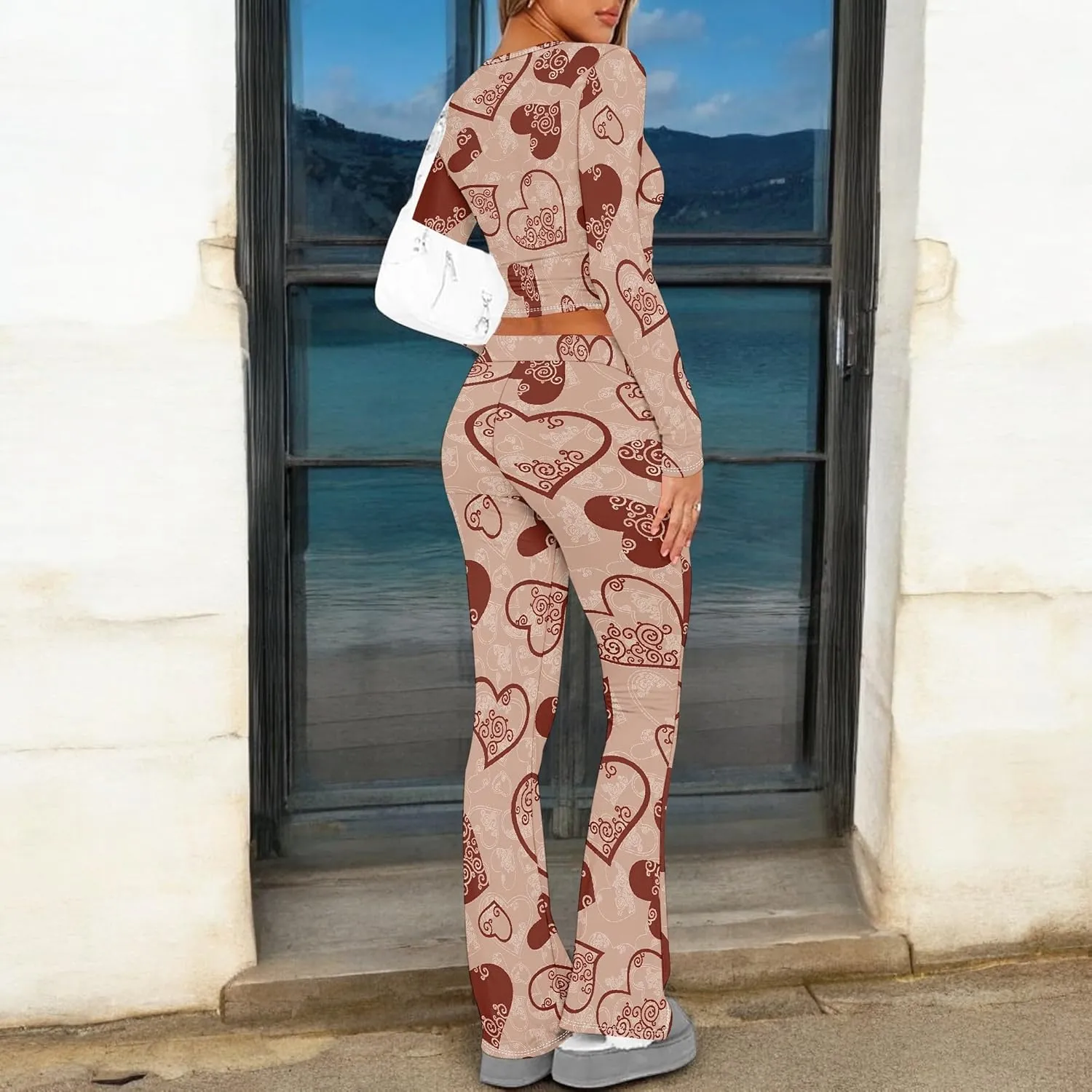 Women's Sweatsuits 2 Piece Outfits Long Sleeve Crop Foldover Flare Pants Tracksuit Streetwear Lounge Matching Set 2025 Trendy