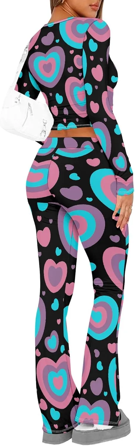 Women's Sweatsuits 2 Piece Outfits Long Sleeve Crop Foldover Flare Pants Tracksuit Streetwear Lounge Matching Set 2025 Trendy