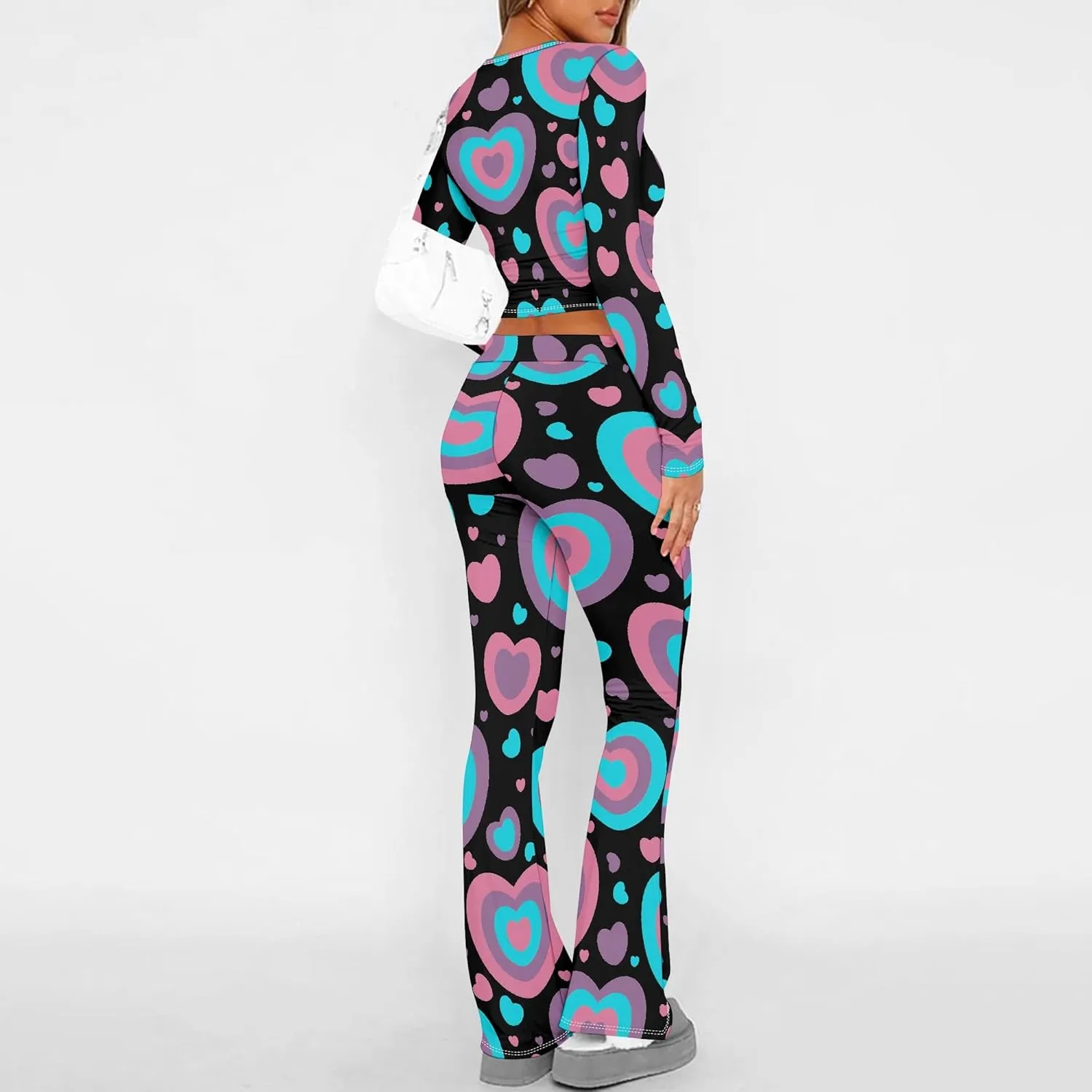 Women's Sweatsuits 2 Piece Outfits Long Sleeve Crop Foldover Flare Pants Tracksuit Streetwear Lounge Matching Set 2025 Trendy