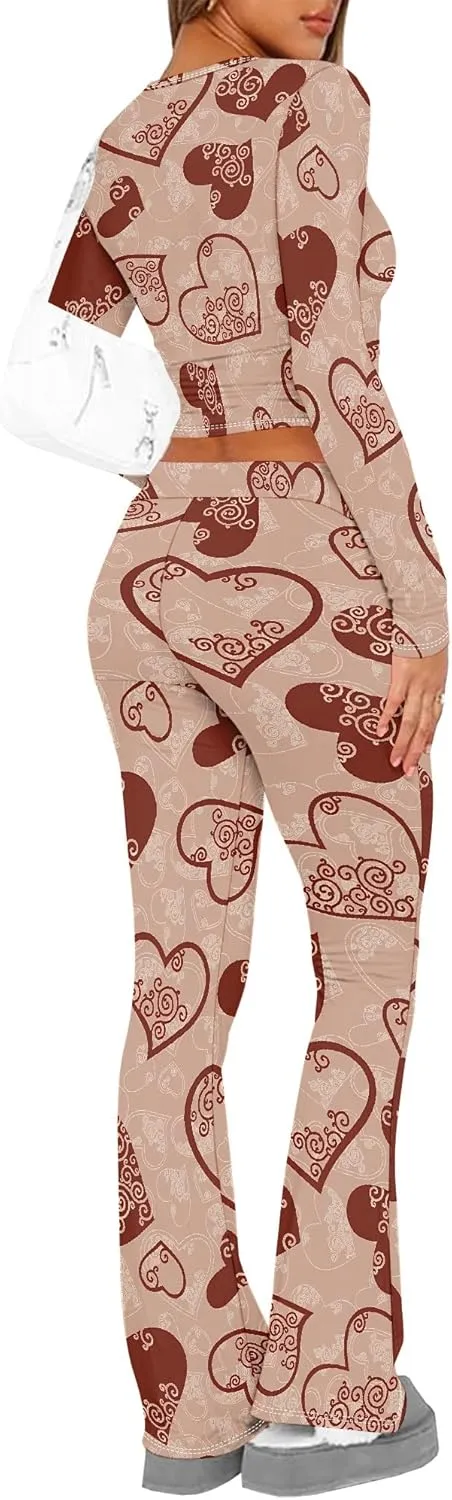 Women's Sweatsuits 2 Piece Outfits Long Sleeve Crop Foldover Flare Pants Tracksuit Streetwear Lounge Matching Set 2025 Trendy